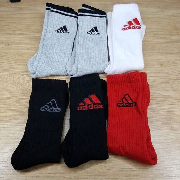 ADIDAS Crew Socks Mens White Black Red Gray 6-Pack Cushioned Logo - Picture 1 of 4